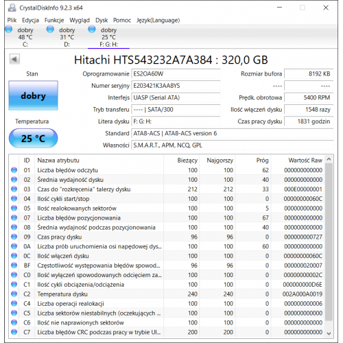 Hitachi HTS543232A7A384 320GB Dysk HDD 2.5 1831 godzin