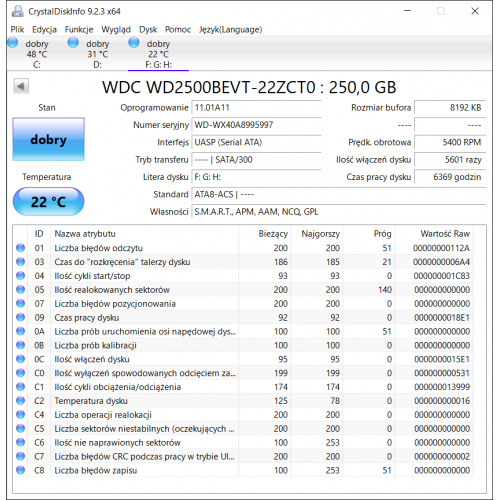 WDC WD2500BEVT-22ZCT0 250GB Dysk HDD 2.5 6369 godzin