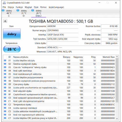 TOSHIBA MQ01ABD050 500GB Dysk HDD 2.5 8466 godzin