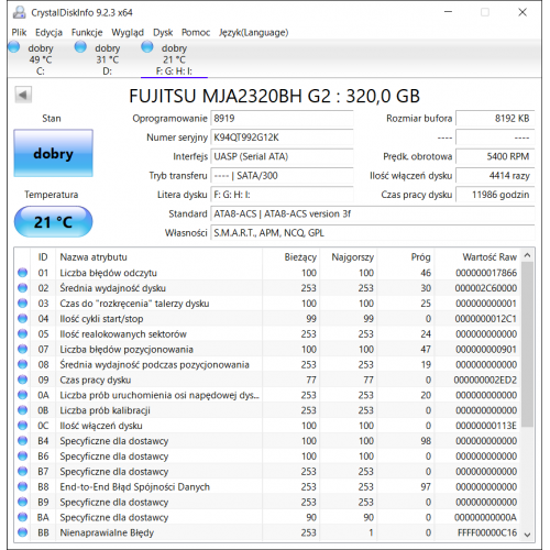 FUJITSU MJA2320BH G2 320GB Dysk HDD 2.5 11986 godzin