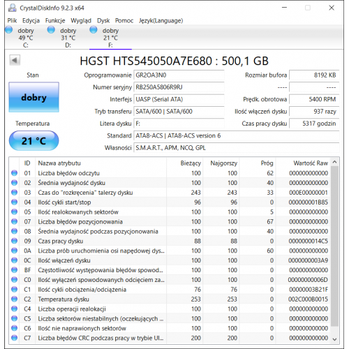 HGST HTS545050A7E680 500GB Dysk HDD 2.5 5317 godzin