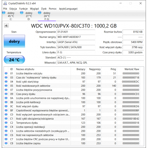 WDC WD10JPVX-80JC3T0 1TB Dysk HDD 2.5 3283 godzin