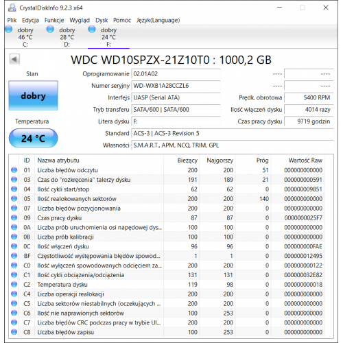 WDC WD10SPZX-21Z10T0 1TB Dysk HDD 2.5 9719 godzin