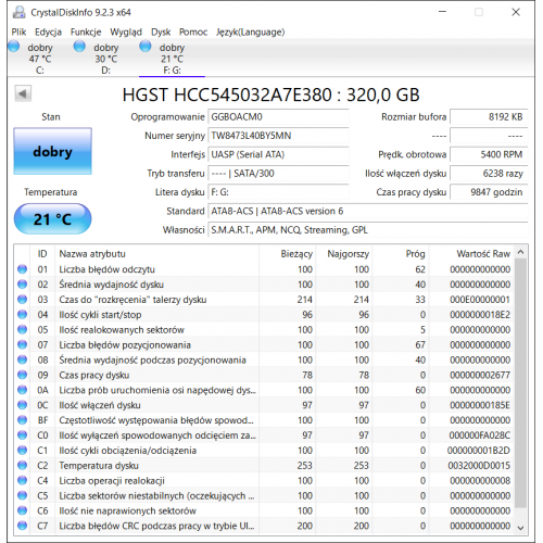 HGST HCC545032A7E380 320GB Dysk HDD 2.5 9847 godzin