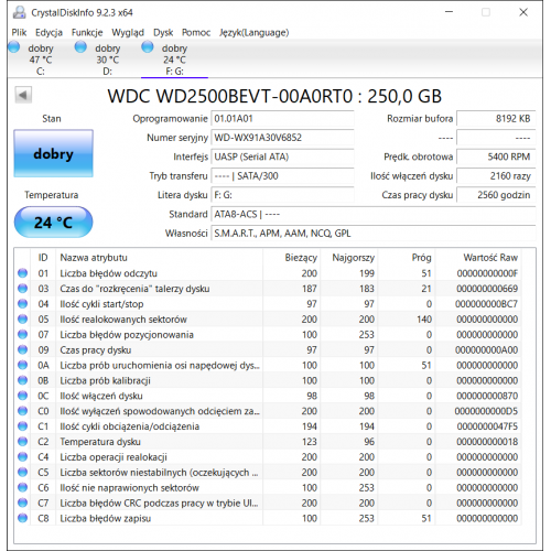 WDC WD2500BEVT-00A0RT0 250GB Dysk HDD 2.5 2560 godzin