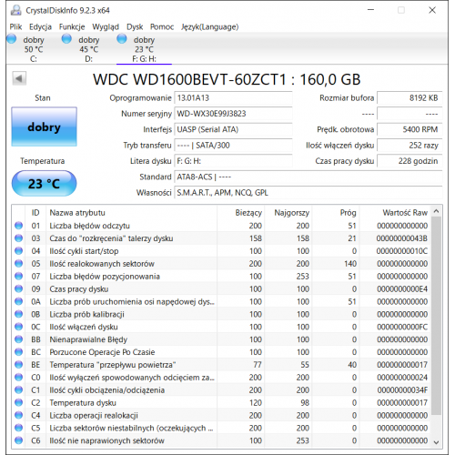 WDC WD1600BEVT-60ZCT1 160GB Dysk HDD 2.5 228 godzin