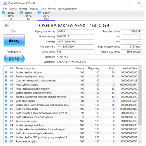 TOSHIBA MK1652GSX 160GB Dysk HDD 2.5 6564 godzin