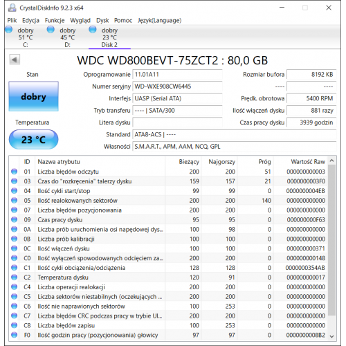 WDC WD800BEVT-75ZCT2 80GB Dysk HDD 2.5 3939 godzin